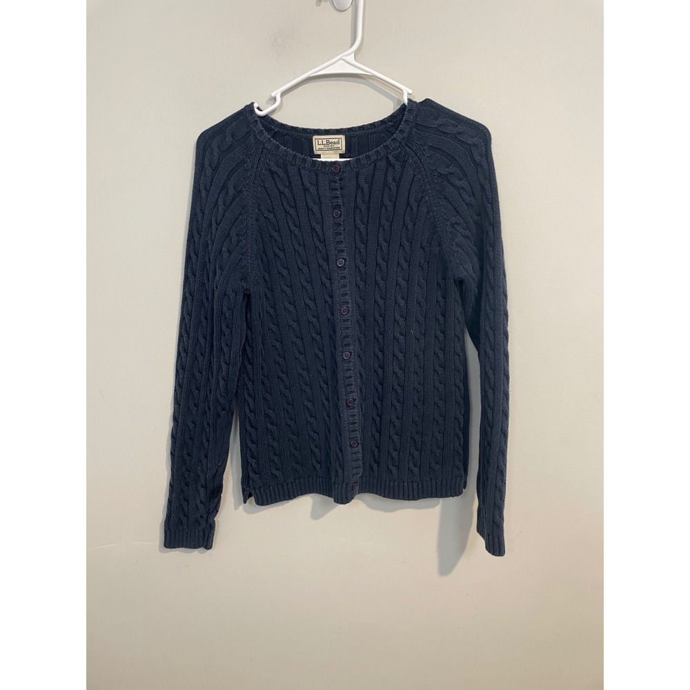 L.L Bean Navy Cable Knit Round Neck Cardigan Size‎ Medium Fisherman Vintage